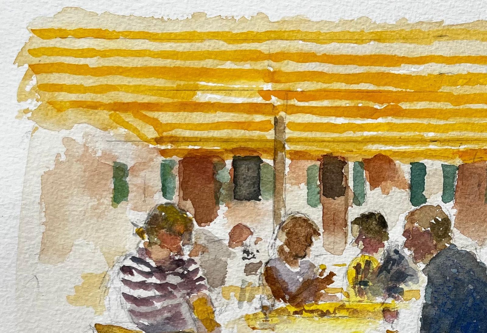 Anthony Herbertcontinental Café Scene With Yellow Striped Awnings And Figures In Conversation photo 410.0