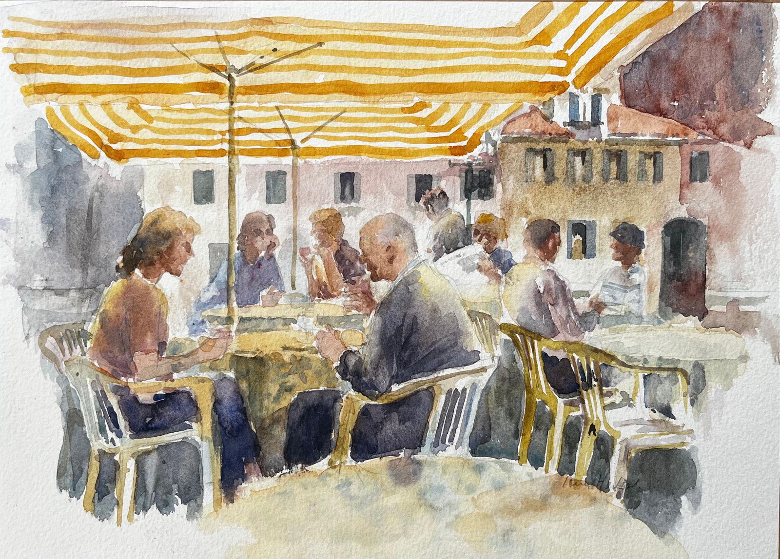Anthony Herbertcafe Scene In Italian Piazza With Yellow Striped Awning And Diners1995