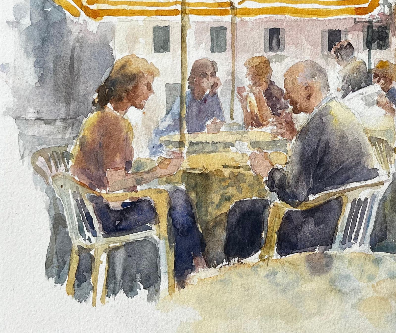 Anthony Herbertcafe Scene In Italian Piazza With Yellow Striped Awning And Diners1995 photo vinterior