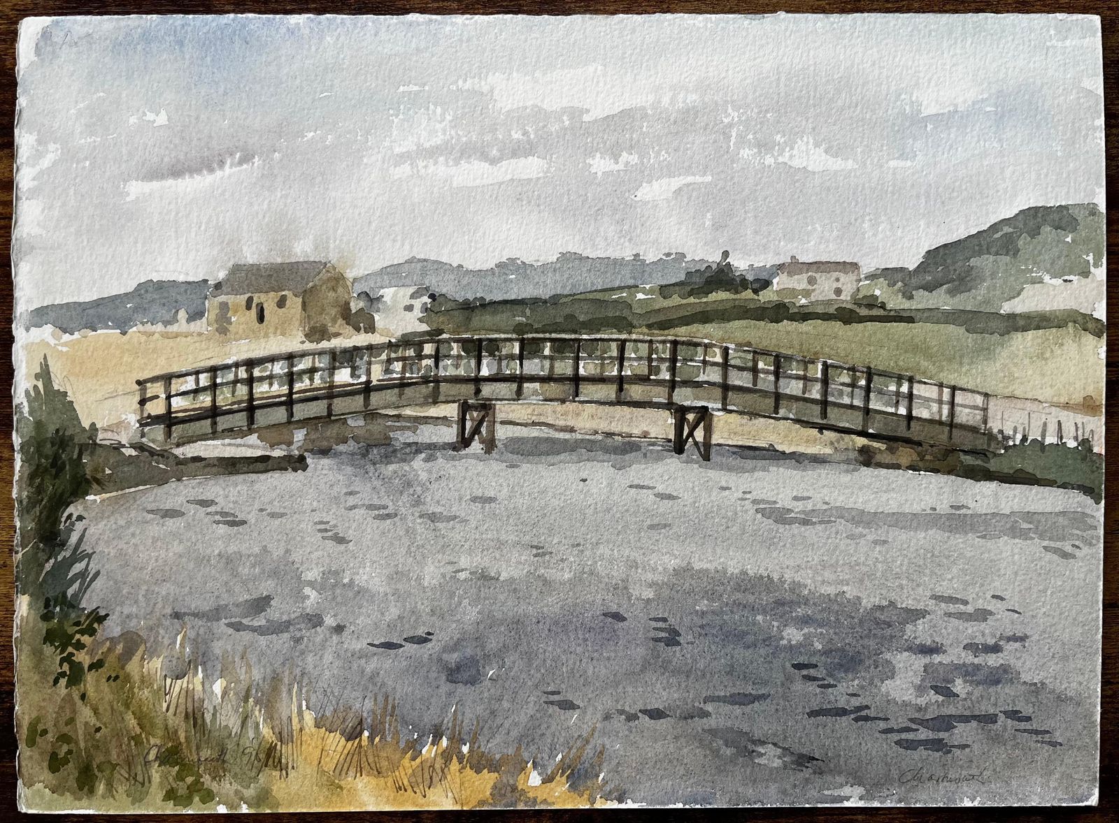 Anthony Herbertcharmouth Dorset River Scene With Wooden Footbridge And Rolling Hills Landscape1996 photo furniture