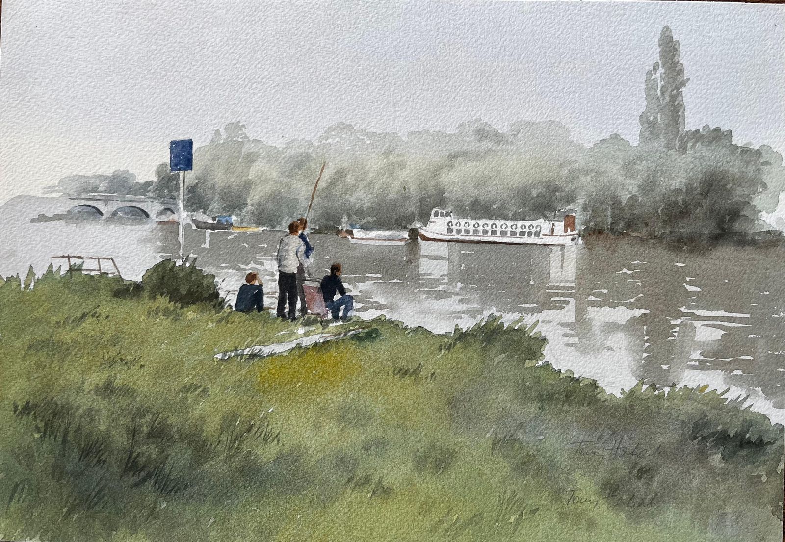 Anthony Herbertboys Fishing On The Thames With Paddle Steamer And Bridge In Misty View