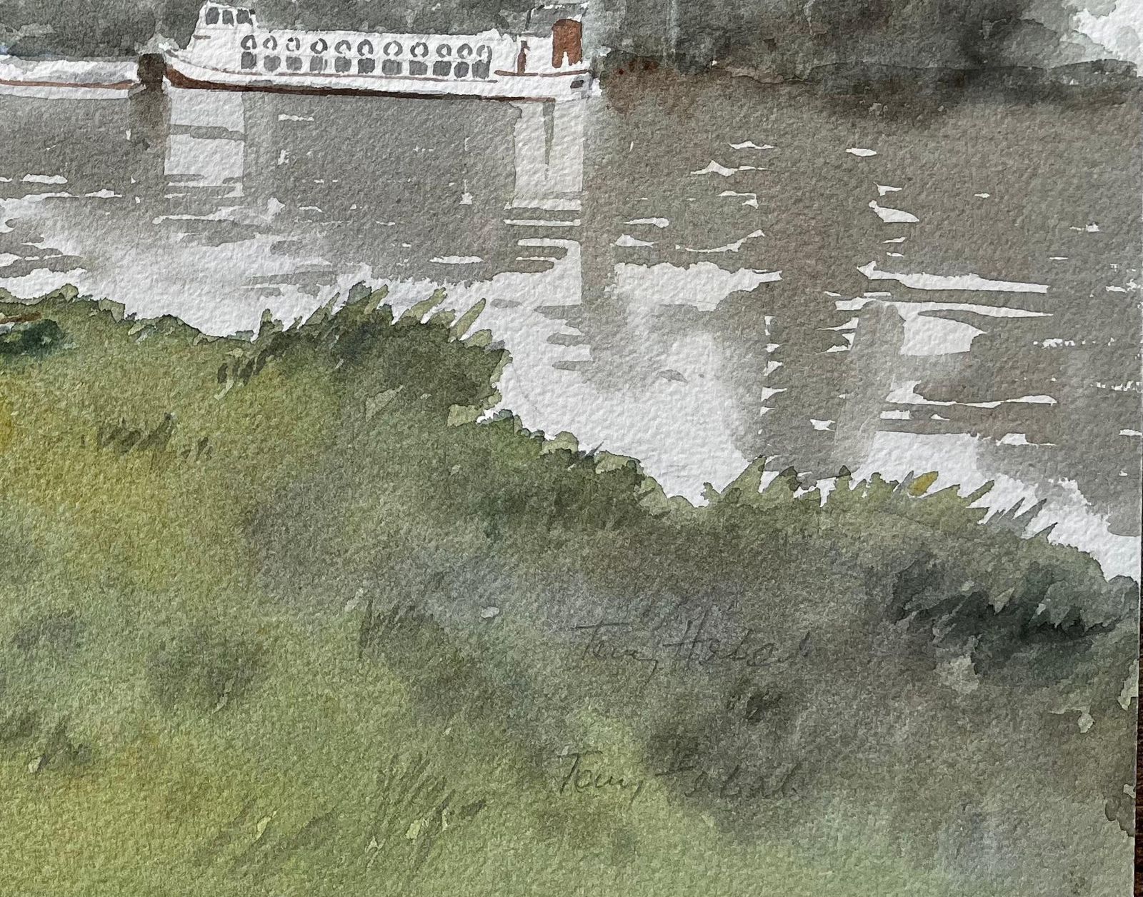 Anthony Herbertboys Fishing On The Thames With Paddle Steamer And Bridge In Misty View photo for sale