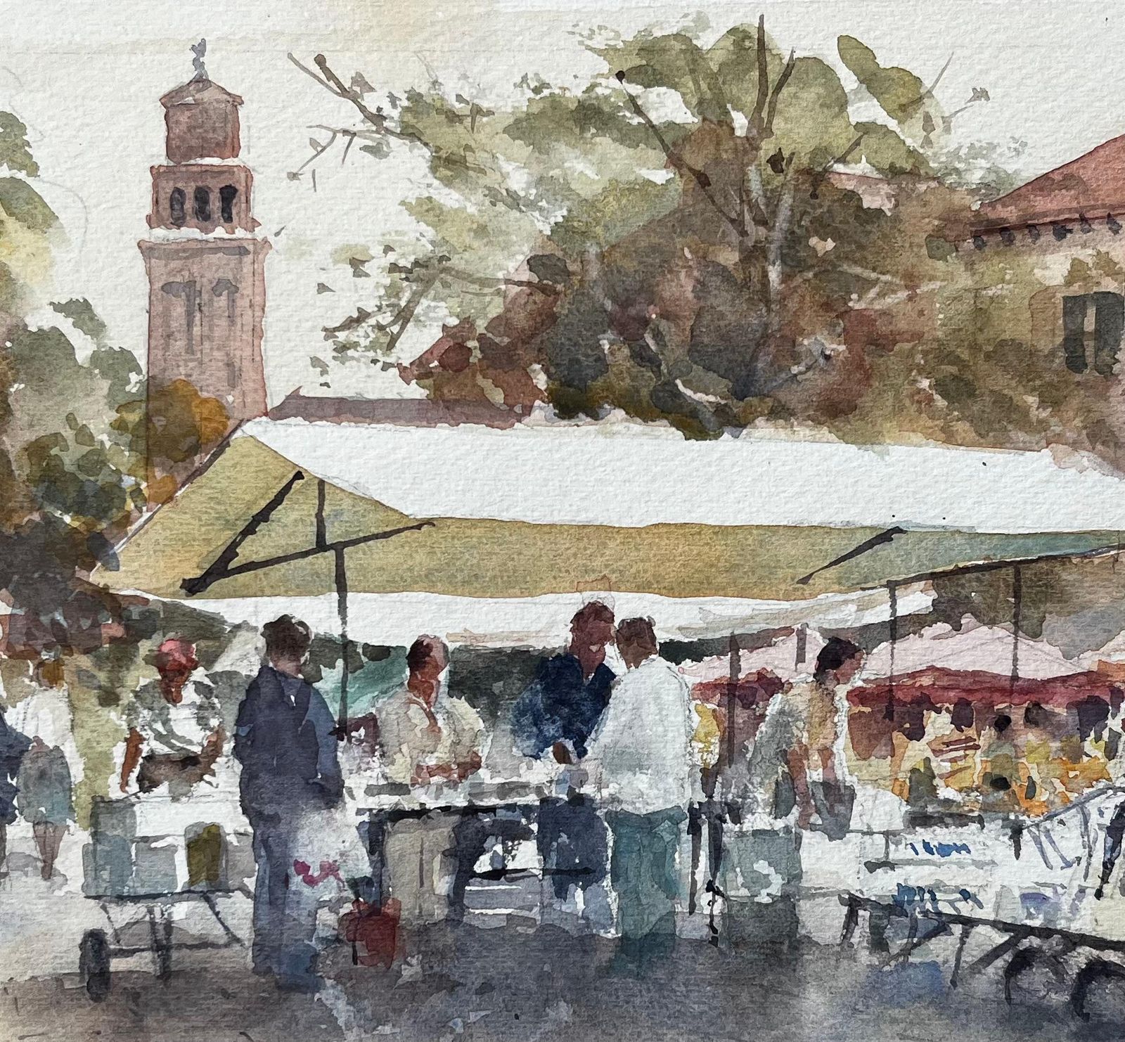 Anthony Herbertitalian Market Scene With Umbrellas And Bell Tower Signed Continental Street photo buy