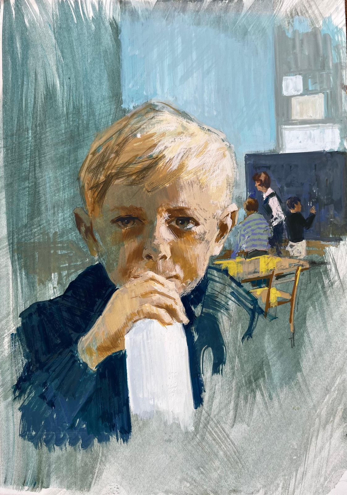 Anthony Herbertvintage Gouache Painting Of Boy With Milk Bottle In Mid Century School Setting