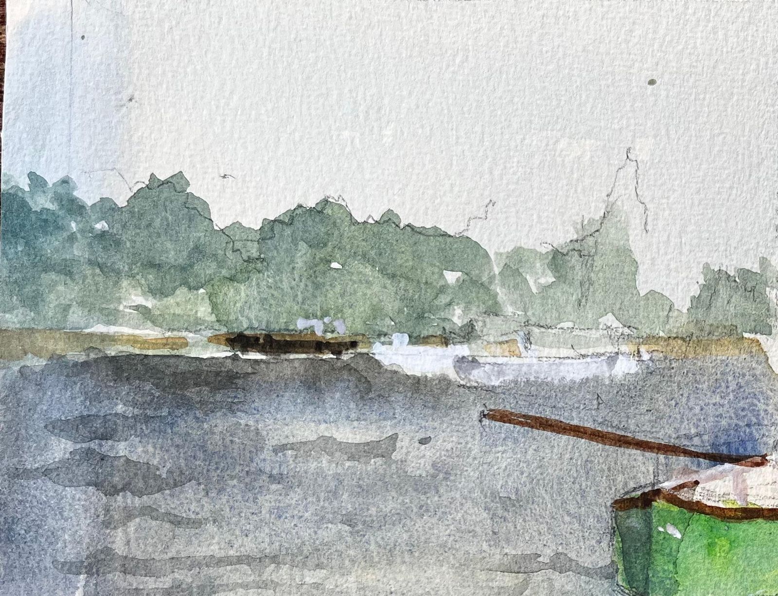 Anthony Herbertgreen Boat And River Thames Scene With Bridge And Houseboat Watercolour1988 photo vinterior
