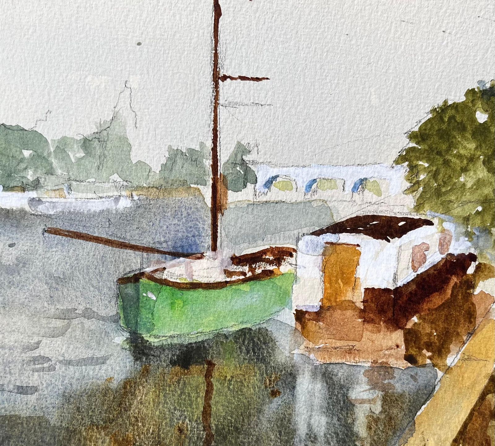 Anthony Herbertgreen Boat And River Thames Scene With Bridge And Houseboat Watercolour1988 photo buy