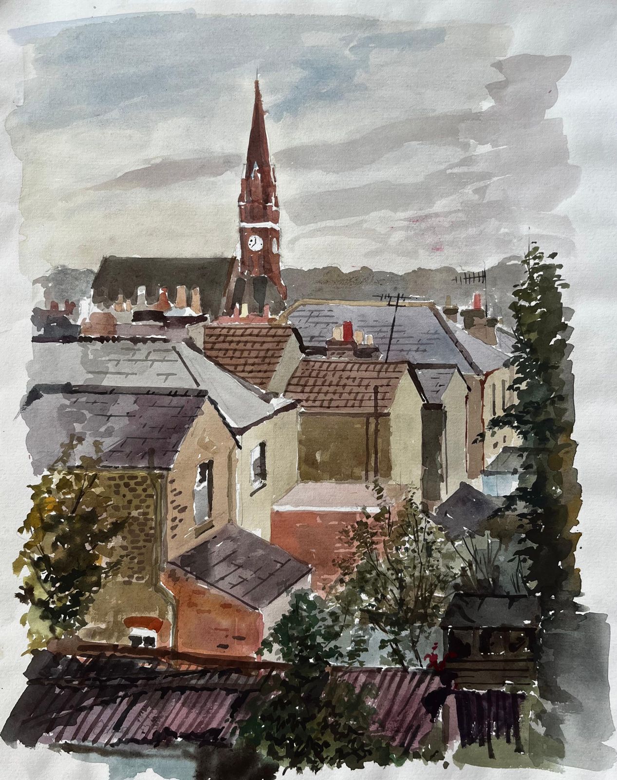 Anthony Herbertkingston London Rooftop View With Church Tower 1979 Original Watercolour1979