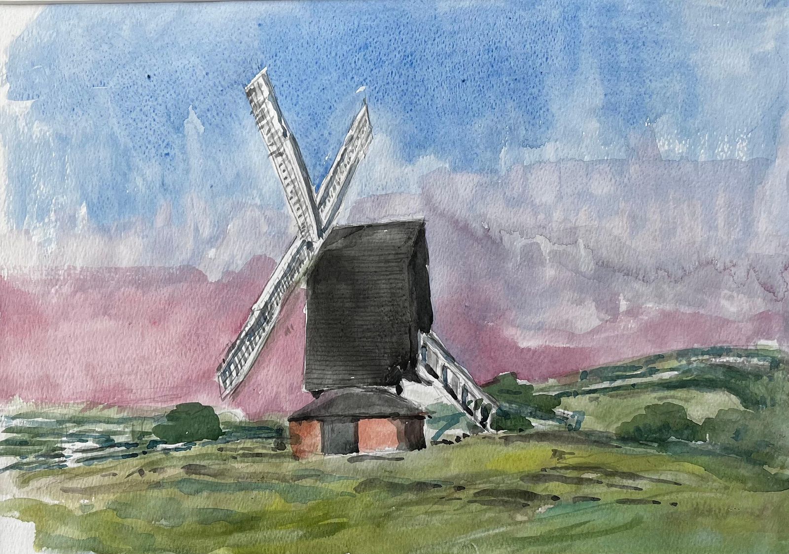 John Steane (B.1931)windmill At Brill Oxfordshire Watercolour Landscape With Dramatic Sky