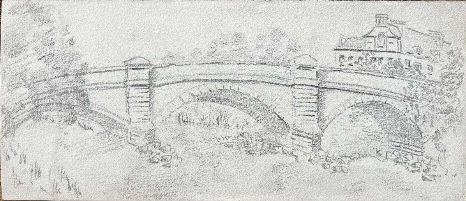 Anthony Herbertstone Bridge River Scene With Trees And Townhouse Pencil Drawing