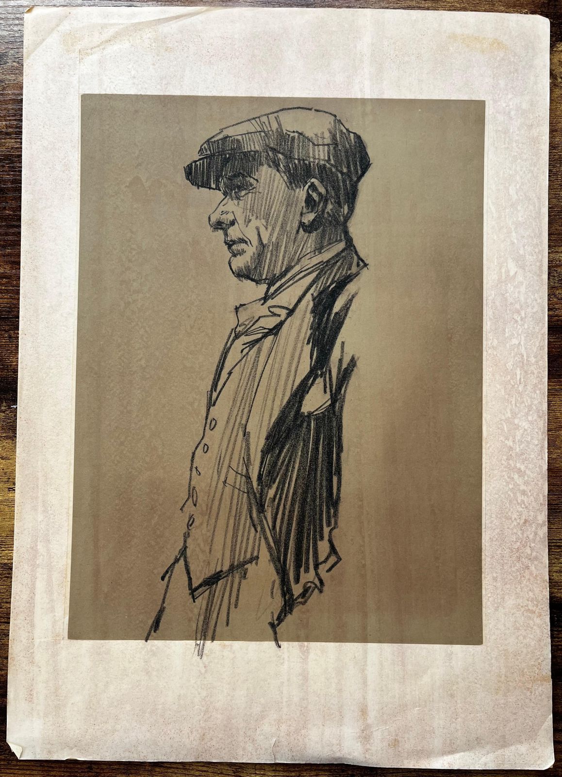 Anthony Herbertprofile Portrait Of A Man In Flat Cap Graphite On Brown Paper photo furniture