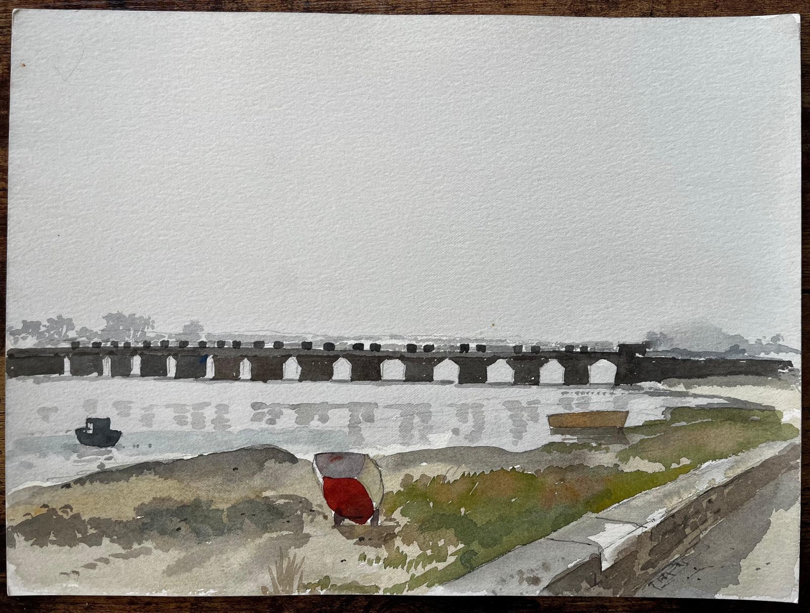 Anthony Herbertpont Bel Brittany Arched Bridge Over Water With Moored Boats And Red Hull 19881988 photo furniture
