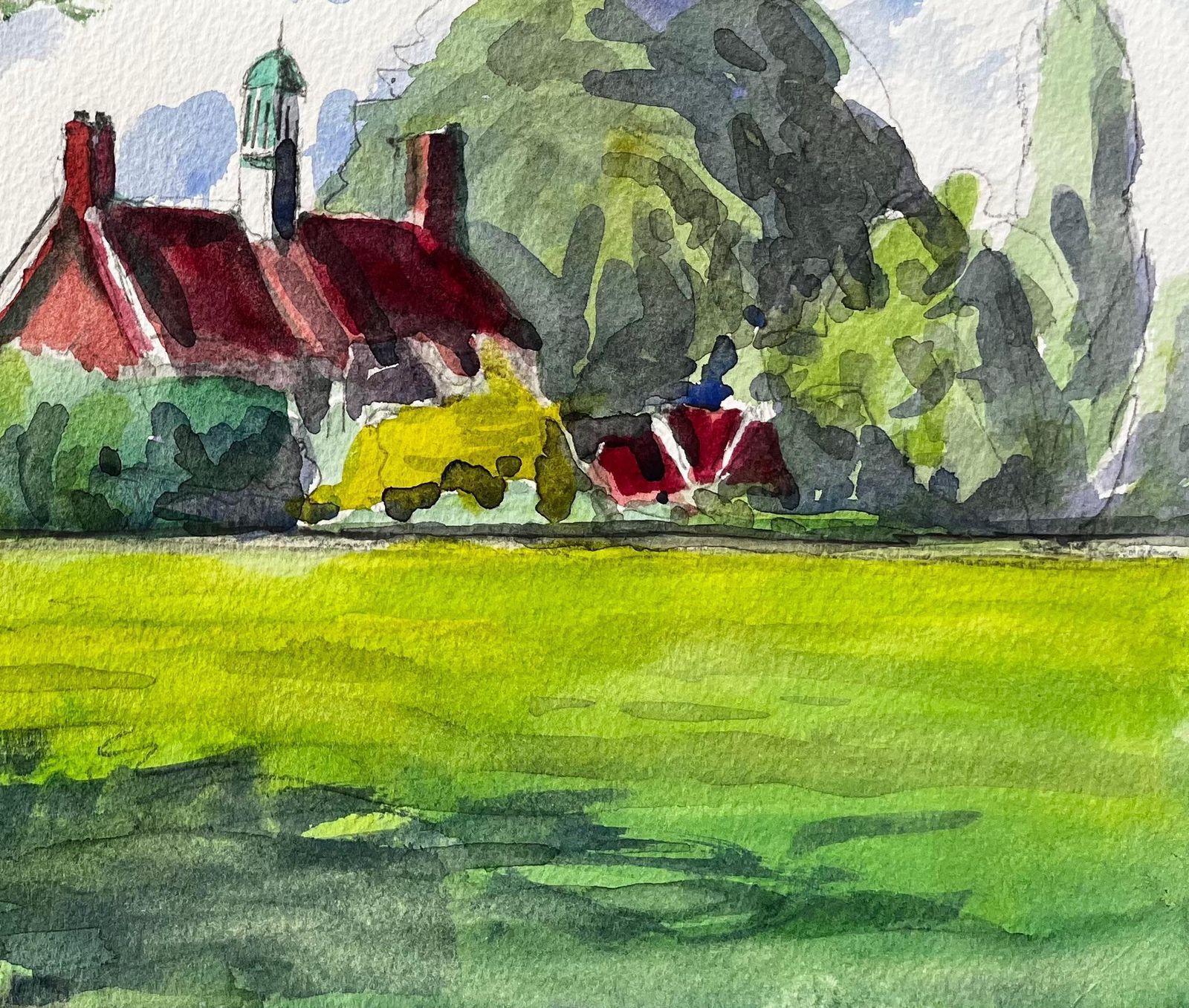 John Steane (B.1931)university Parks Oxford Red Roof Building Summer Trees And Open Field 20152015 photo for sale