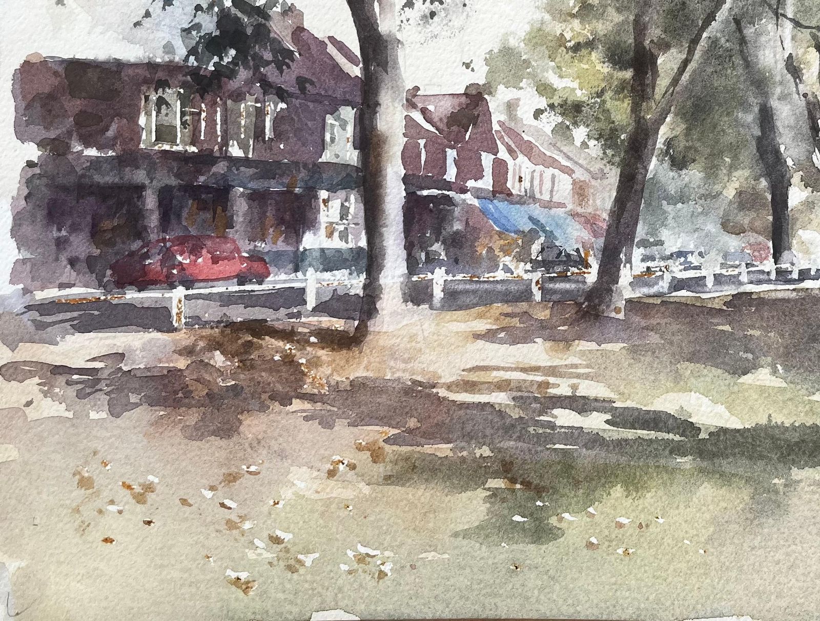 Anthony Herberttree Lined Street With Shops And Red Car West London Suburban Watercolour Scene photo Art