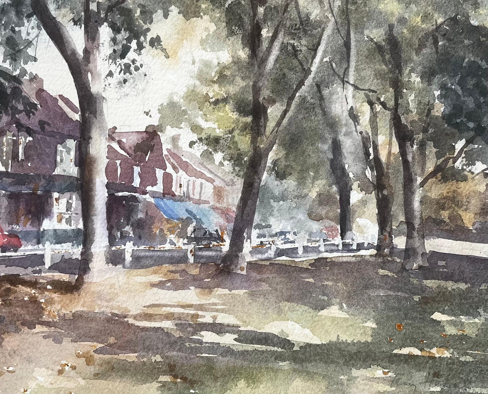 Anthony Herberttree Lined Street With Shops And Red Car West London Suburban Watercolour Scene photo vinterior