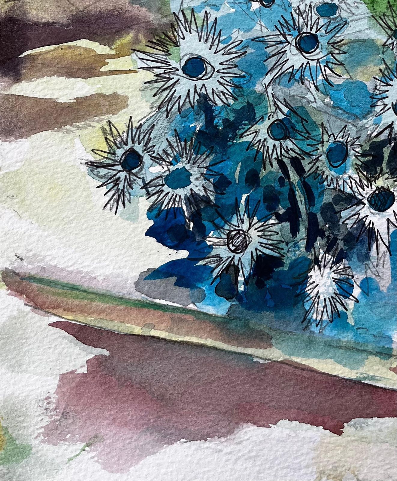 John Steane (B.1931)waterperry Gardens Oxfordshire Watercolour With Blue Thistles And Manor House2019 photo Art