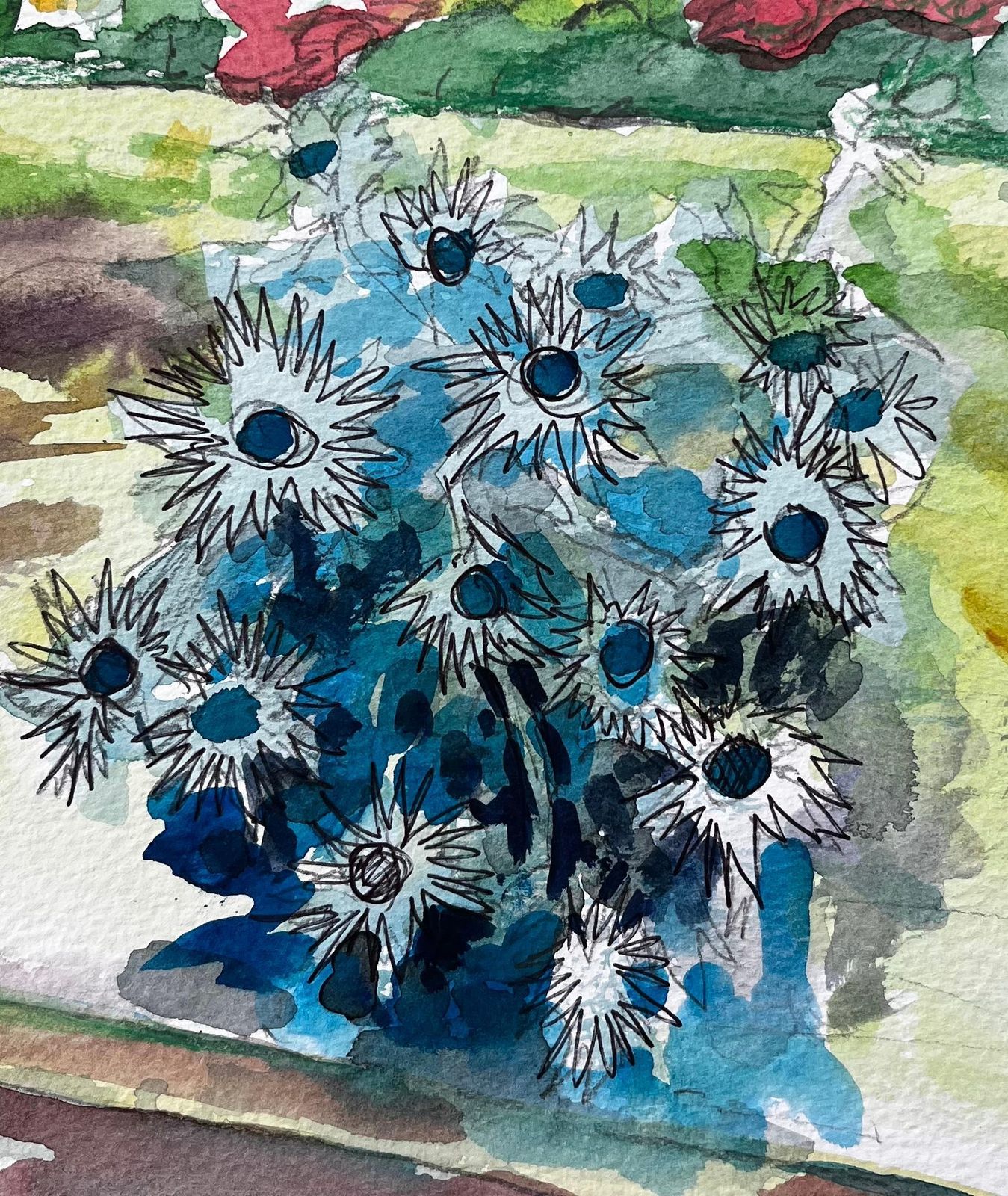 John Steane (B.1931)waterperry Gardens Oxfordshire Watercolour With Blue Thistles And Manor House2019 photo buy