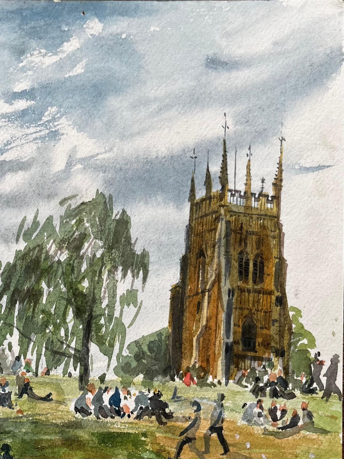 John Steane (B.1931)people Relaxing On The Green In Evesham With Church View British Watercolour photo for sale