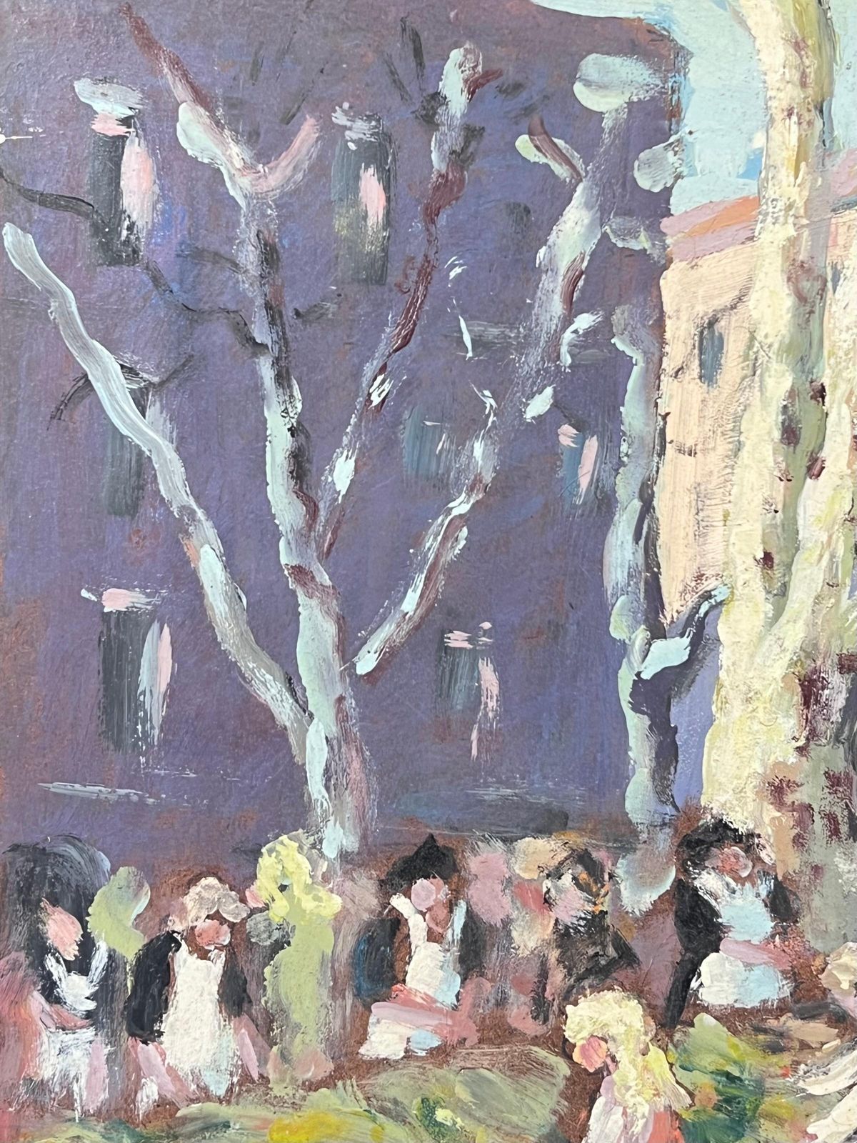 Fanch Lelfigures Hustling At The French Market Under White Bare Trees Oil Painting photo buy