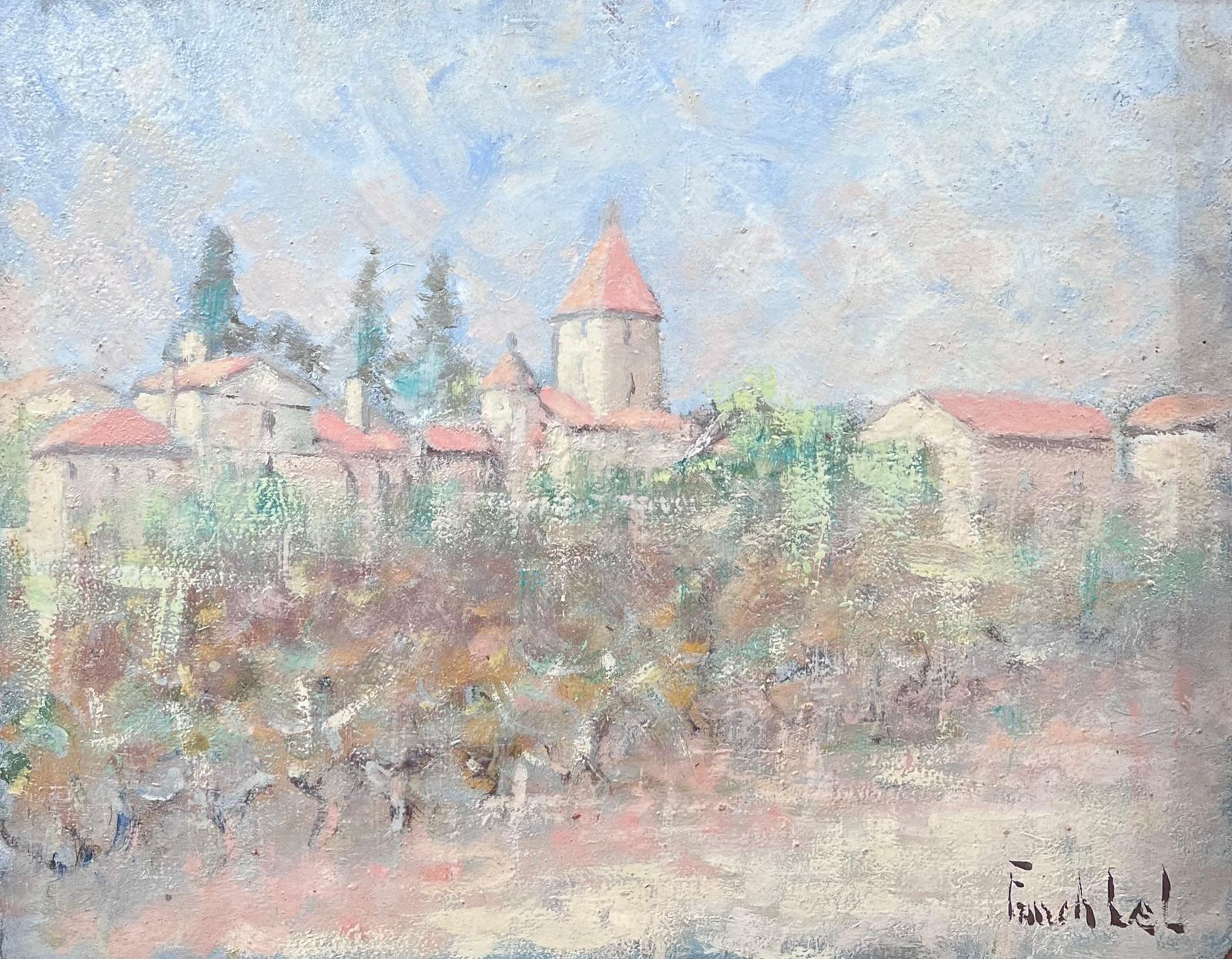Fanch Lelolive Grove Beneath The Orange Roof Village Town French Landscape Oil Painting