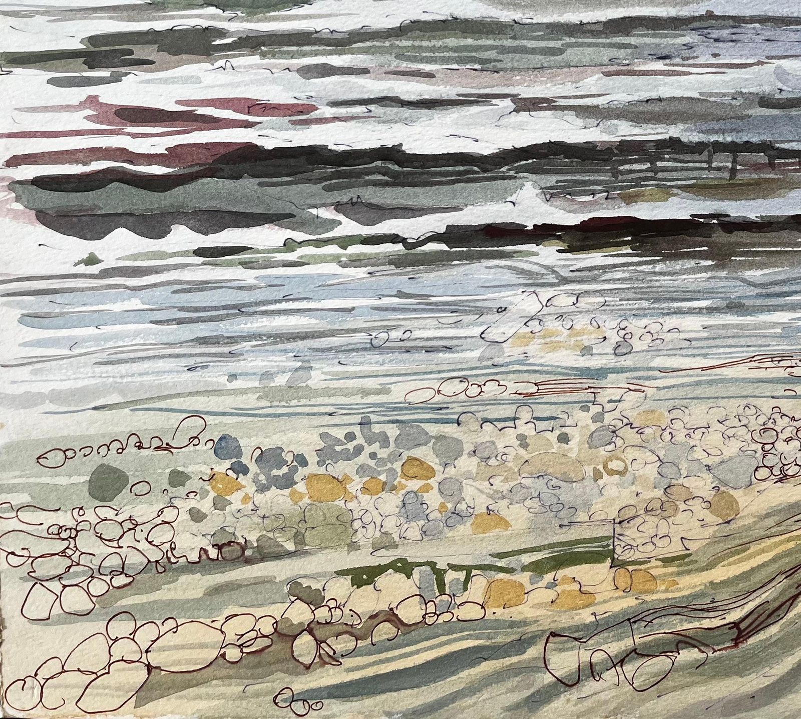 John Steane (B.1931)dorset Coastline Pebble Beach Seascape Watercolour With Headland View photo 360.0