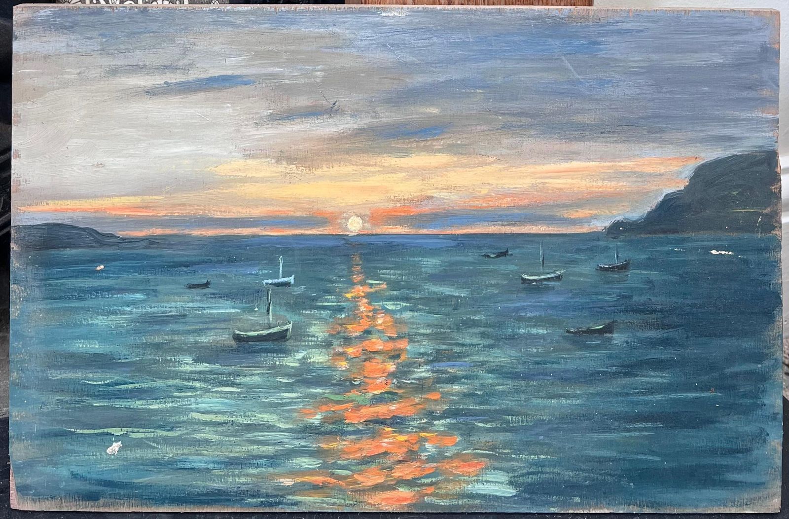 Fanch Leldappled Orange Sunset On The Bright Boat Blue Sea French Landscape Oil Painting photo furniture