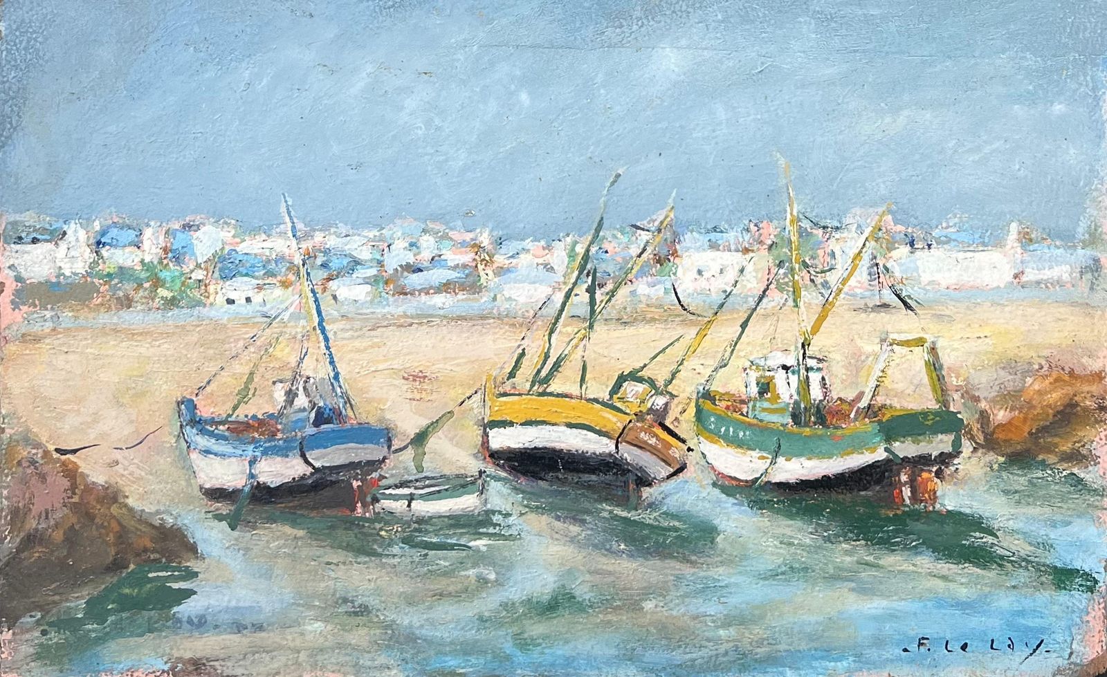 Fanch Lelbright Colourful Boats Docked On The Summer Sand French Landscape Oil Painting photo vinterior