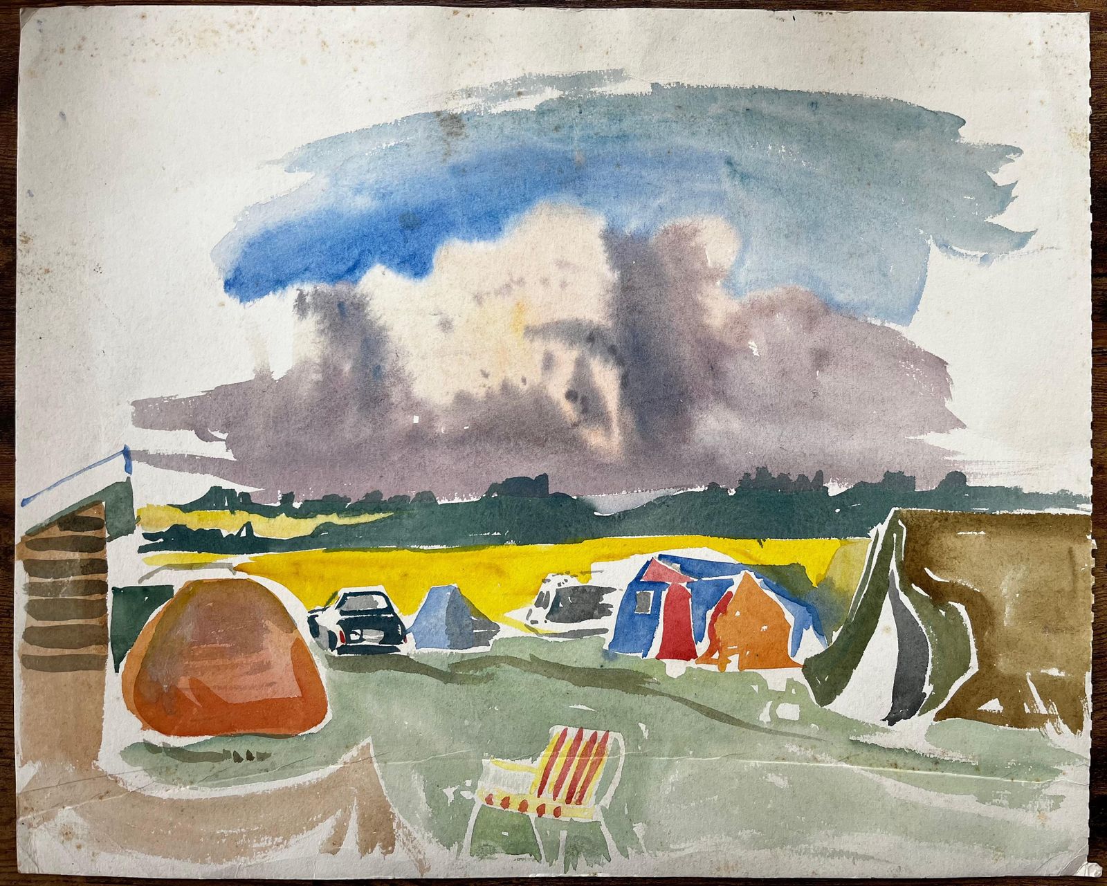 John Steane (B.1931)summer Tents And Stormy Sky Over Yellow Fields British Campsite Watercolour photo furniture