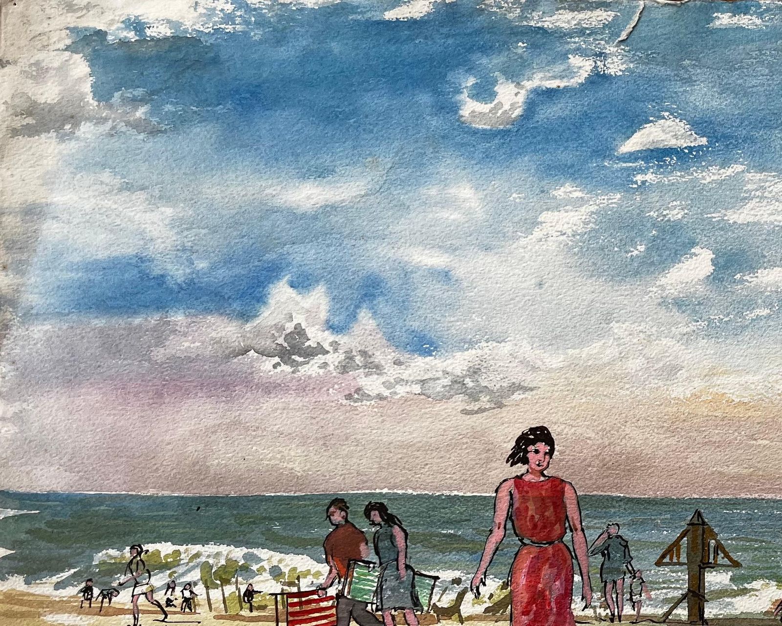 John Steane (B.1931)dorset Beach Scene With Families Sea And Sky By British Artist John Steane photo Art