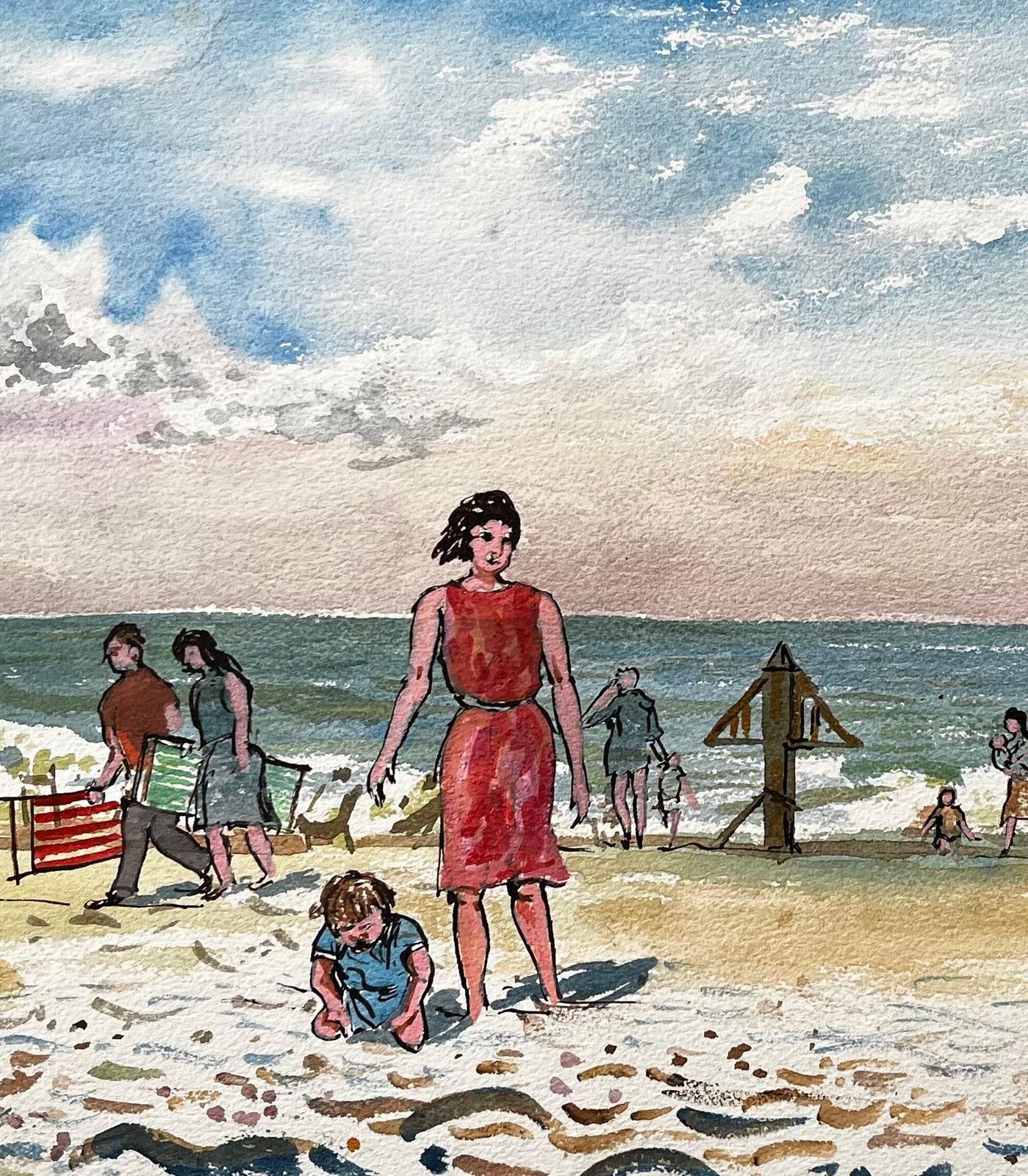 John Steane (B.1931)dorset Beach Scene With Families Sea And Sky By British Artist John Steane photo buy