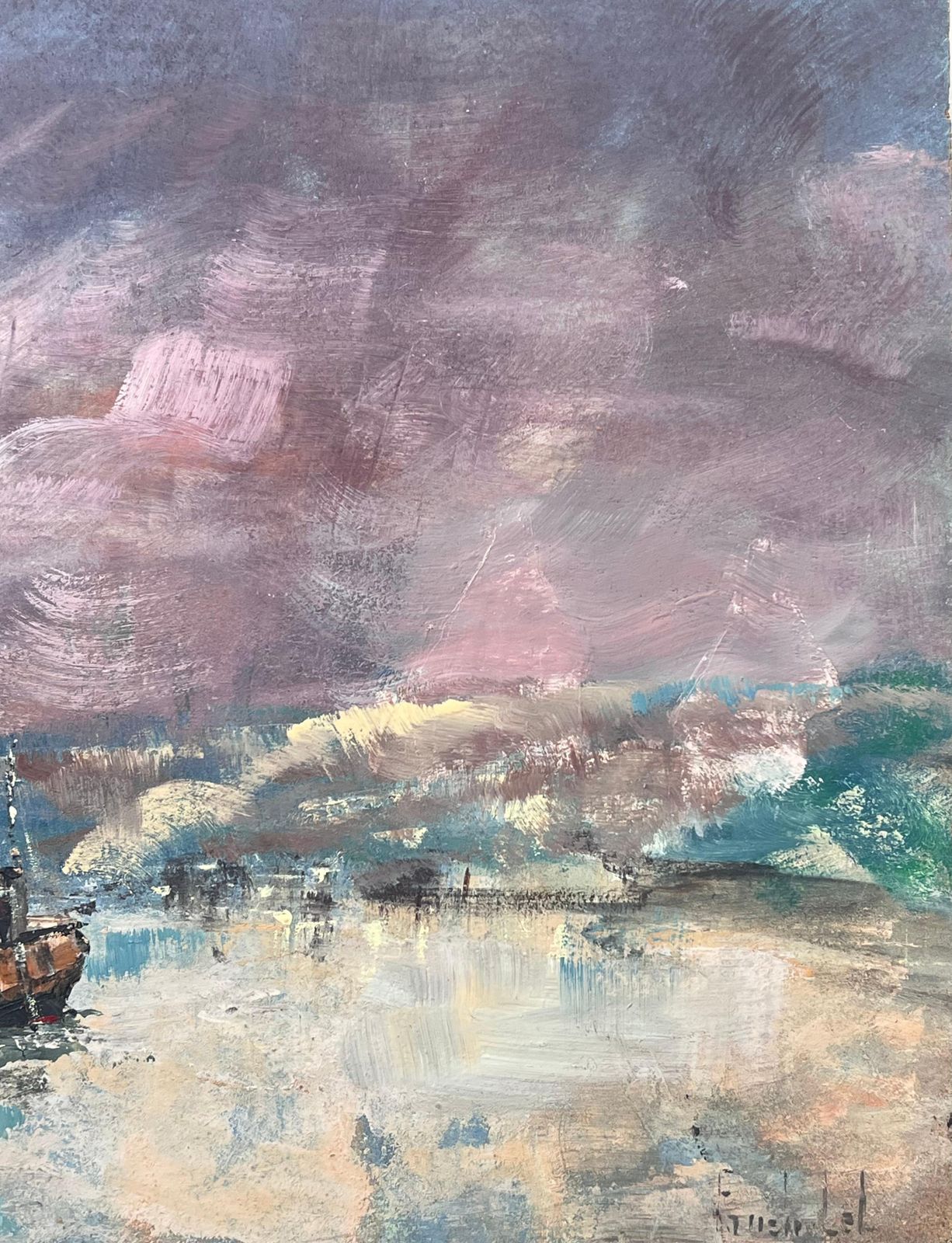 Fanch Lelpurple Sky Over Lighthouse Harbour Beach French Landscape Oil Painting photo vintage