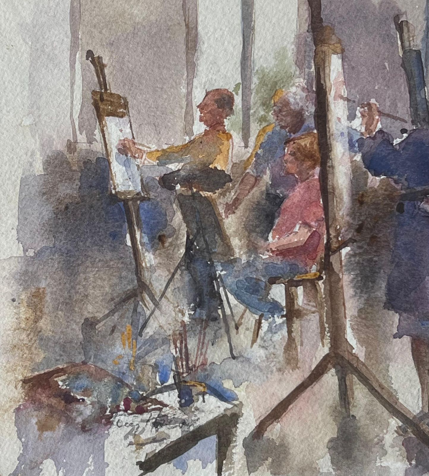 Anthony Herbertfigures Painting In An Art Class With Easels And Brushes British Watercolour photo Art
