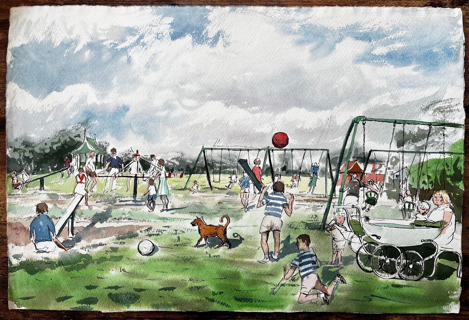 John Steane (B.1931)vintage Playground Scene Southport Common With Swings Pram And Children photo furniture