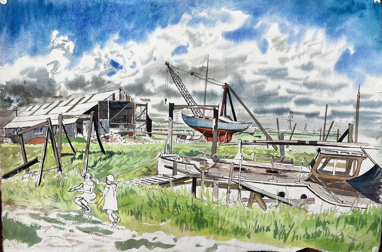 John Steane (B.1931)boatyard With Children And Storm Clouds 20th Century British Watercolour