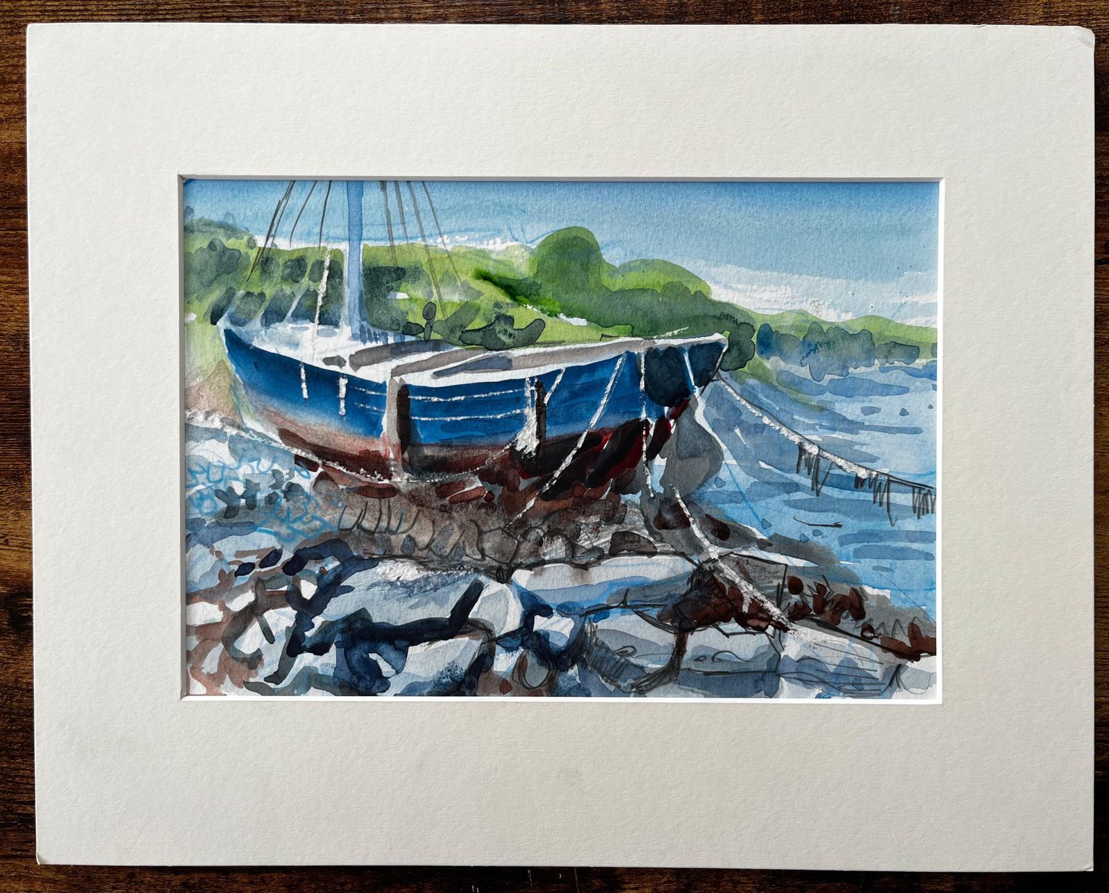 John Steane (B.1931)crete Harbour Beached Fishing Boat Greek Island Scene Mounted Watercolour photo furniture
