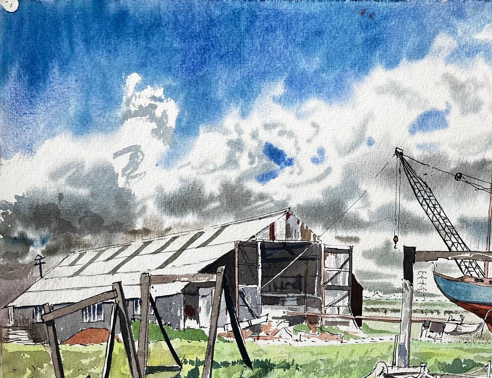 John Steane (B.1931)boatyard With Children And Storm Clouds 20th Century British Watercolour photo 342.0