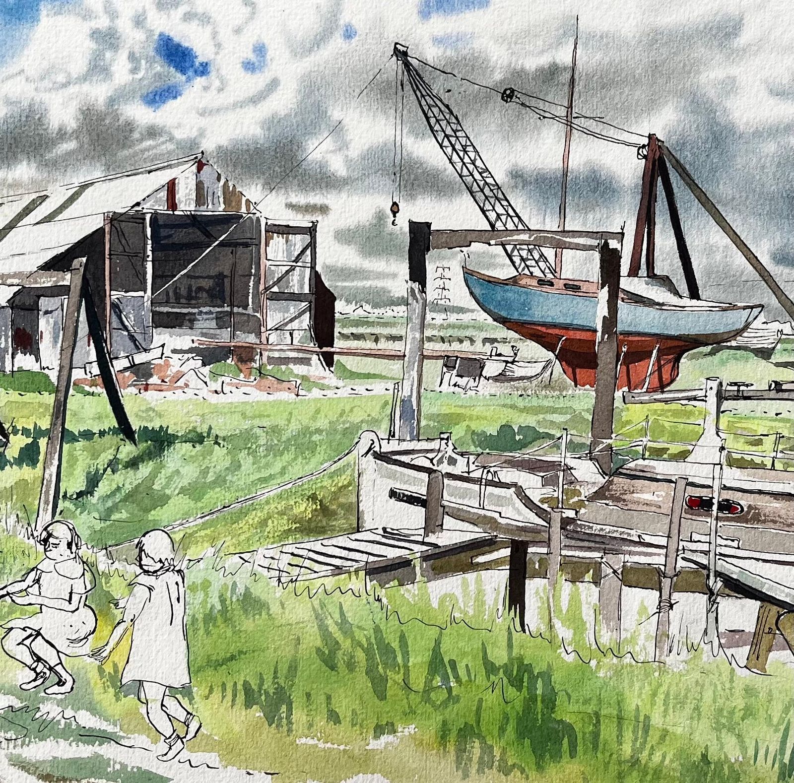 John Steane (B.1931)boatyard With Children And Storm Clouds 20th Century British Watercolour photo buy
