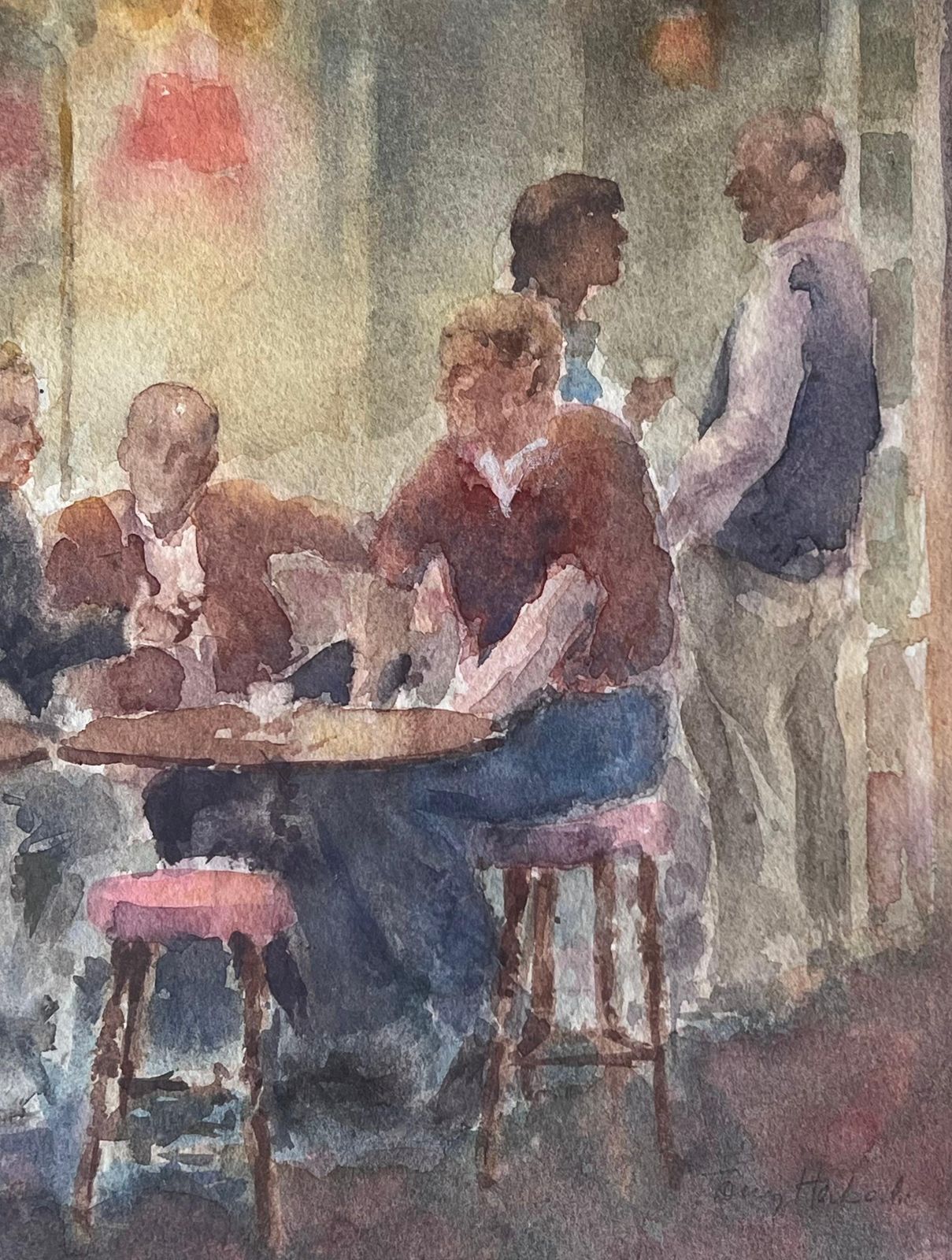 Anthony Herbertfigures Drinking In A Cosy Wooden Warm Lit Pub British Watercolour Painting photo Art