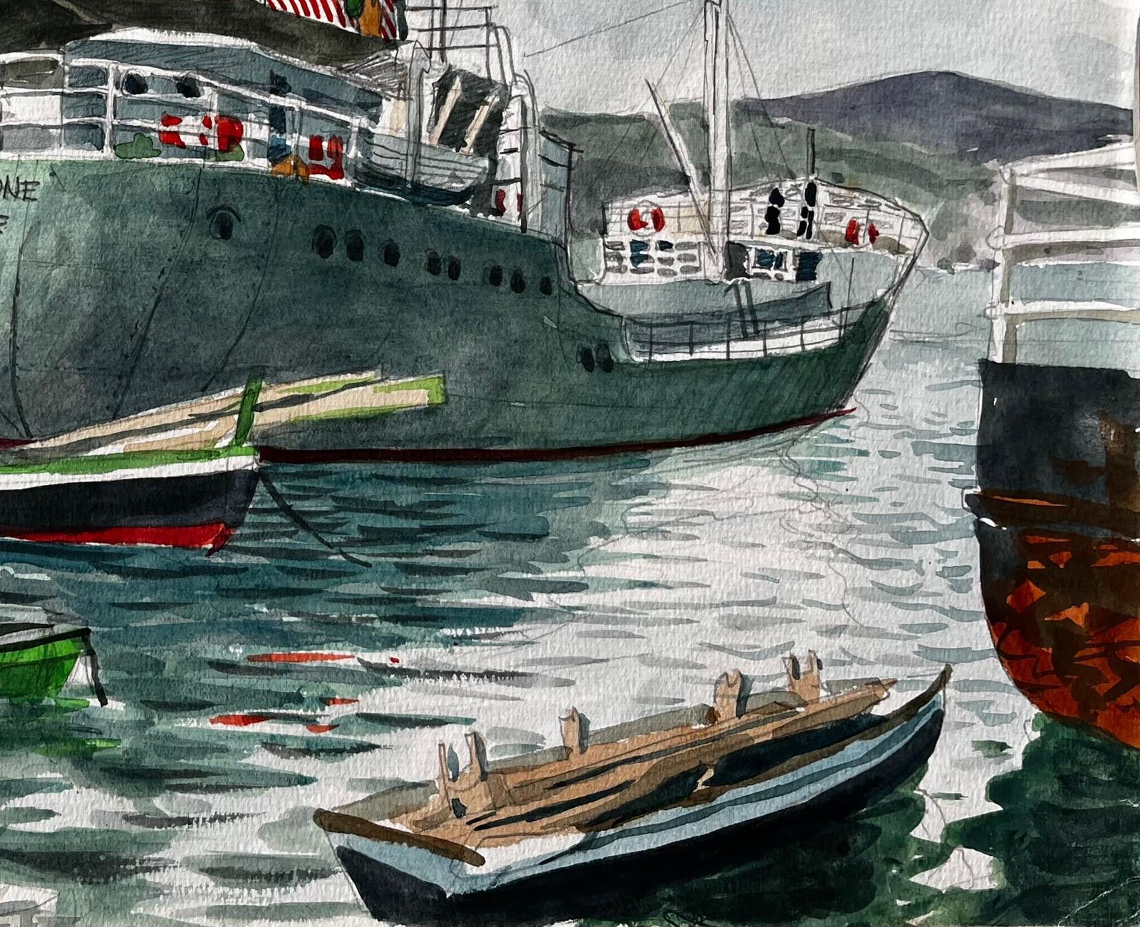 John Steane (B.1931)steamship Amazzone Harbour Scene Muggia Italy 1950 Signed Watercolour Painting1950 photo for sale