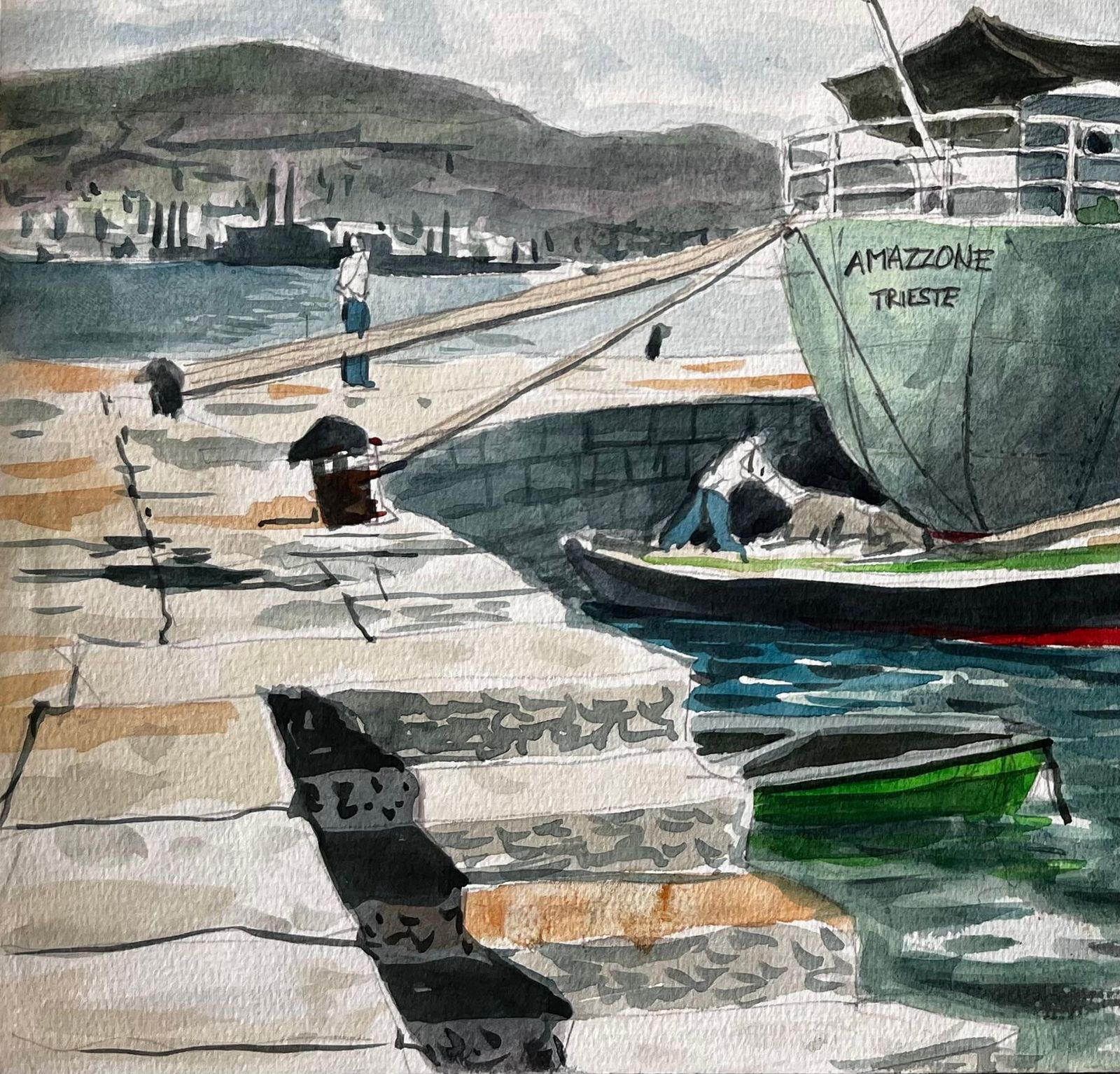John Steane (B.1931)steamship Amazzone Harbour Scene Muggia Italy 1950 Signed Watercolour Painting1950 photo 219.0
