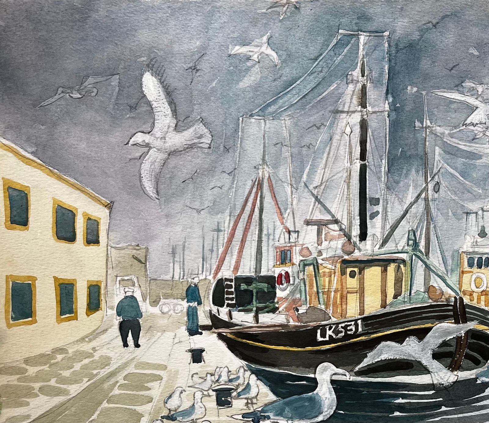 John Steane (B.1931)fishing Boats Harbour Scene With Seagulls British Coastal Watercolour Painting photo for sale