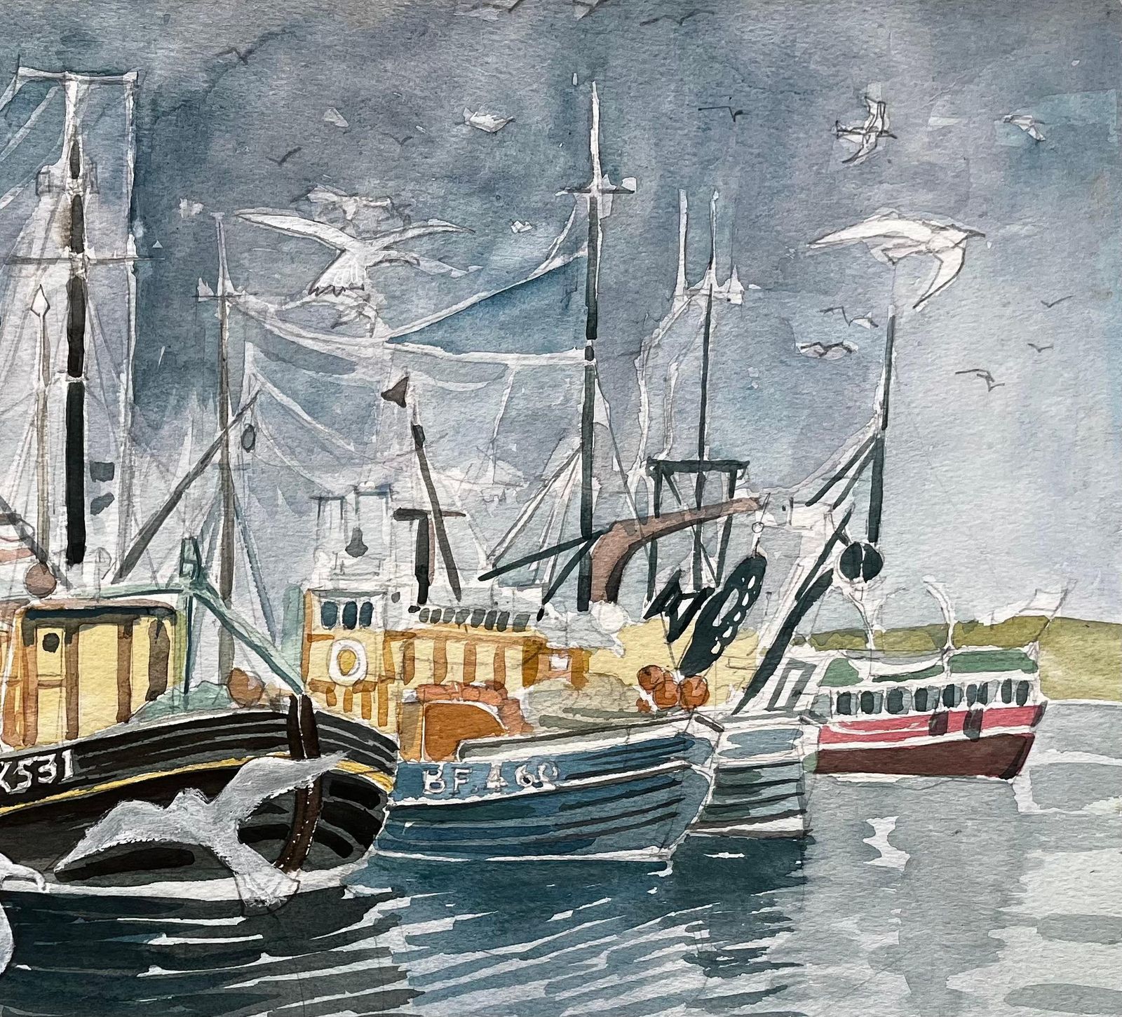 John Steane (B.1931)fishing Boats Harbour Scene With Seagulls British Coastal Watercolour Painting photo Art
