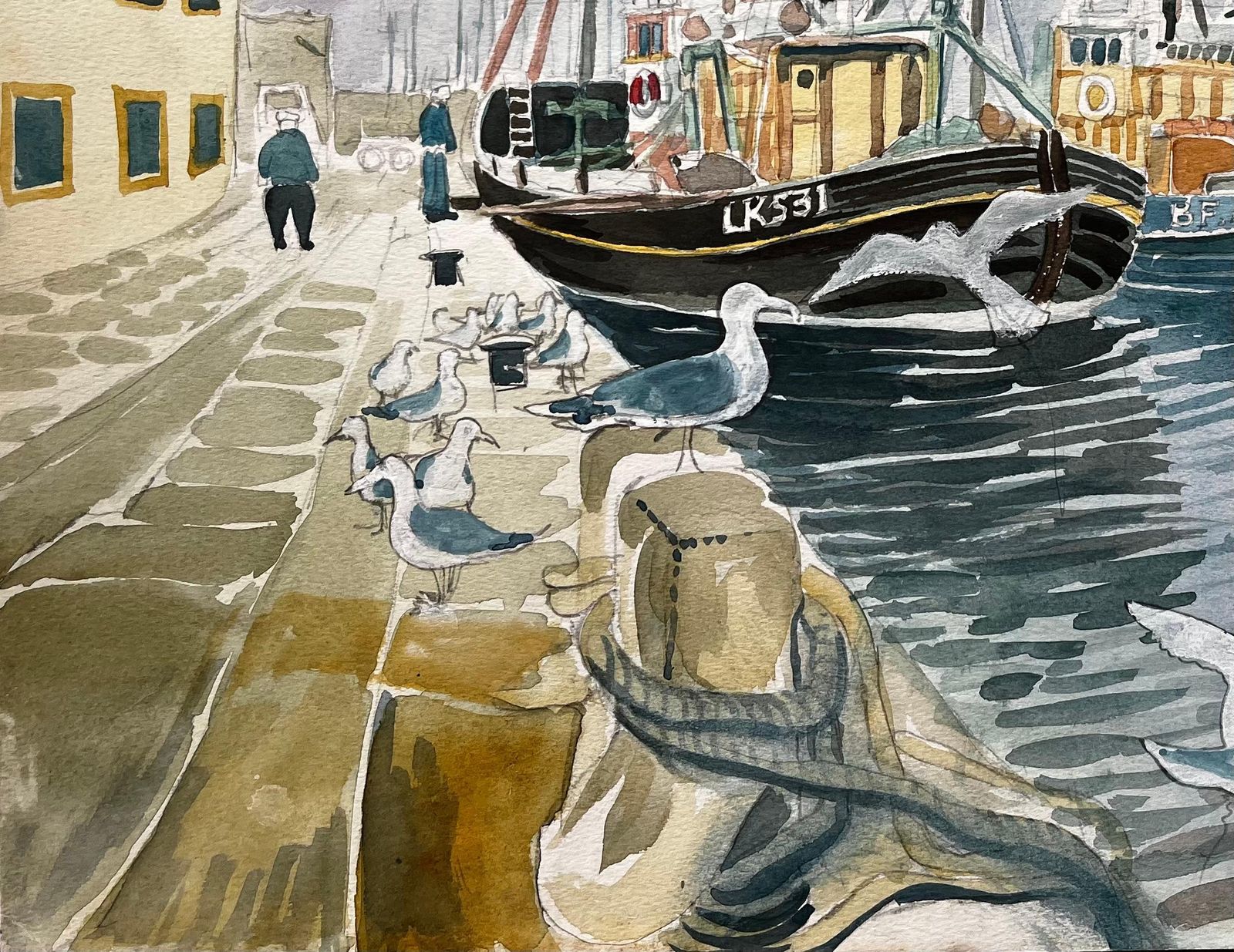 John Steane (B.1931)fishing Boats Harbour Scene With Seagulls British Coastal Watercolour Painting photo 275.0