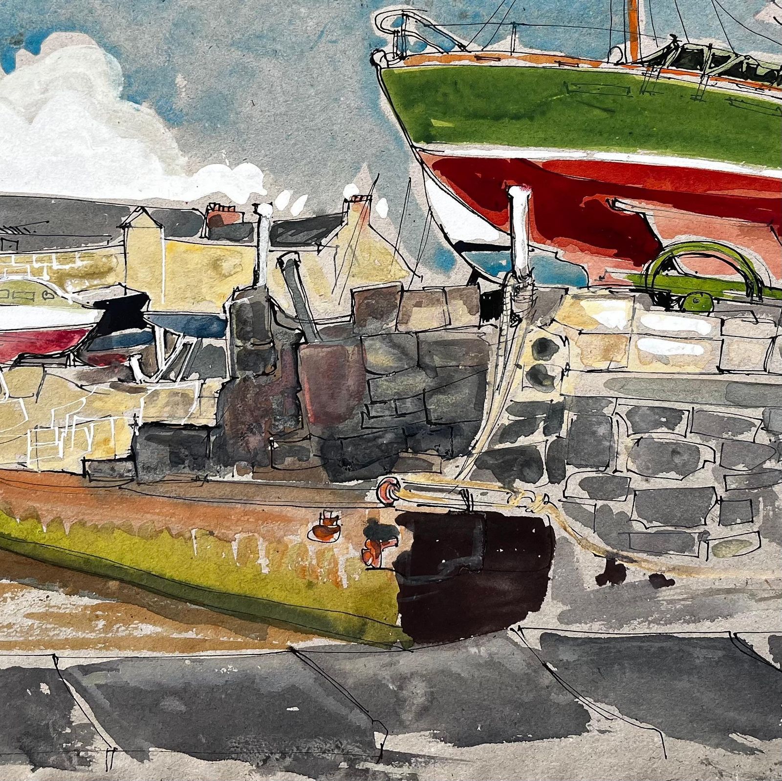 John Steane (B.1931)green And Red Sailboat In Harbour Yard With Vintage Cars Watercolour photo vinterior