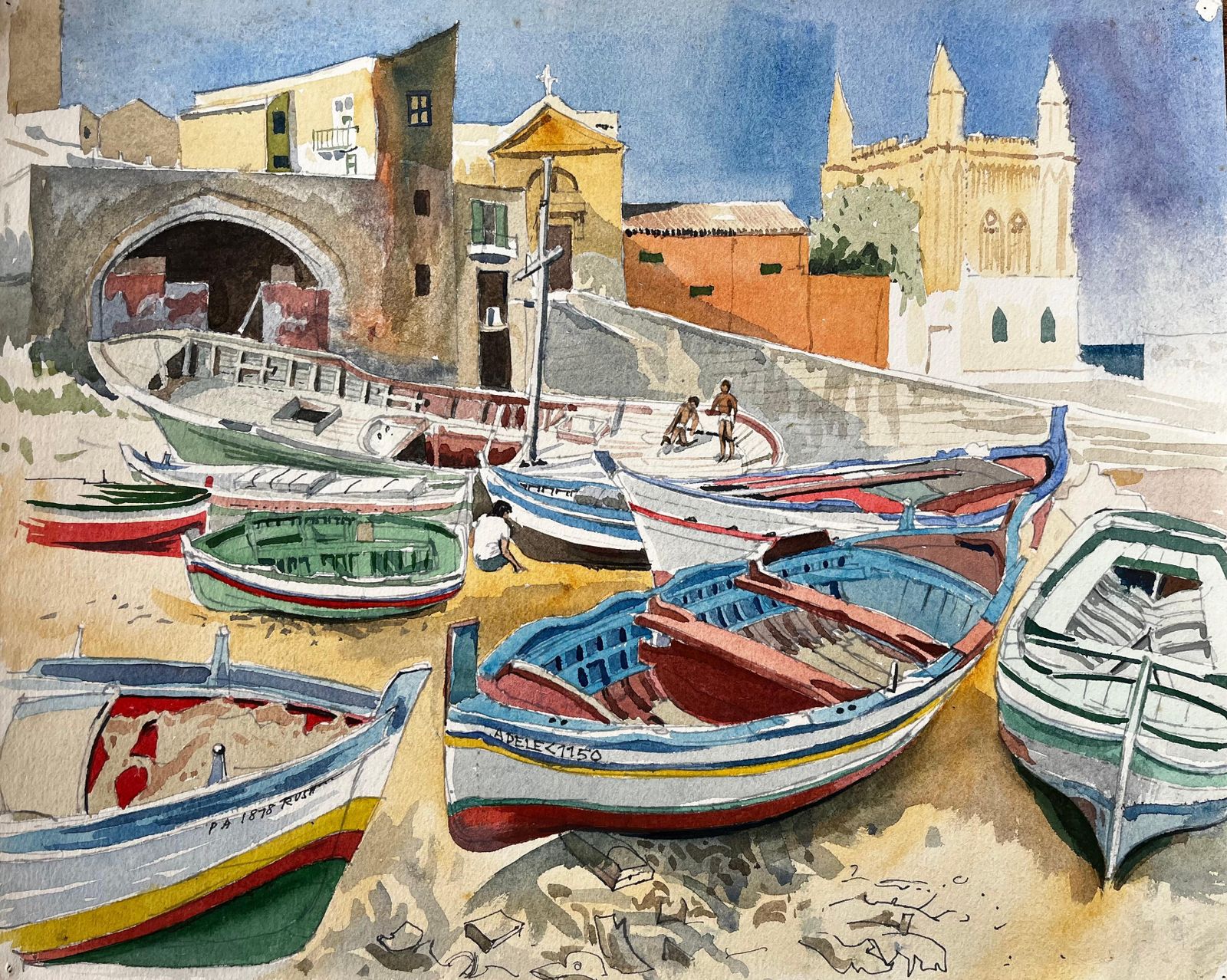 John Steane (B.1931)cretan Fishing Boats In Harbour With Church And Village 1980 Coastal Watercolour1980
