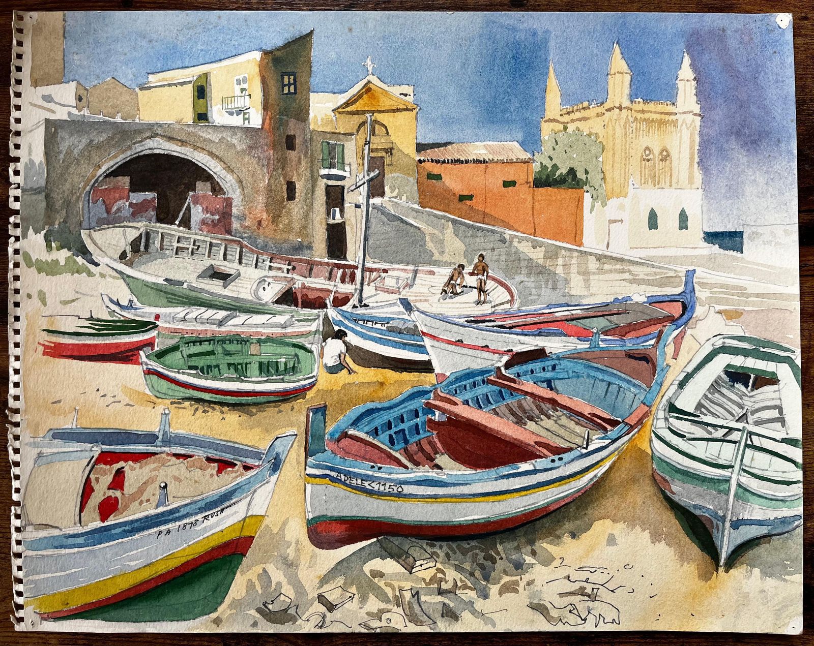 John Steane (B.1931)cretan Fishing Boats In Harbour With Church And Village 1980 Coastal Watercolour1980 photo furniture