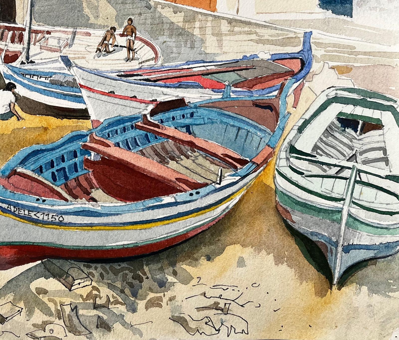 John Steane (B.1931)cretan Fishing Boats In Harbour With Church And Village 1980 Coastal Watercolour1980 photo for sale