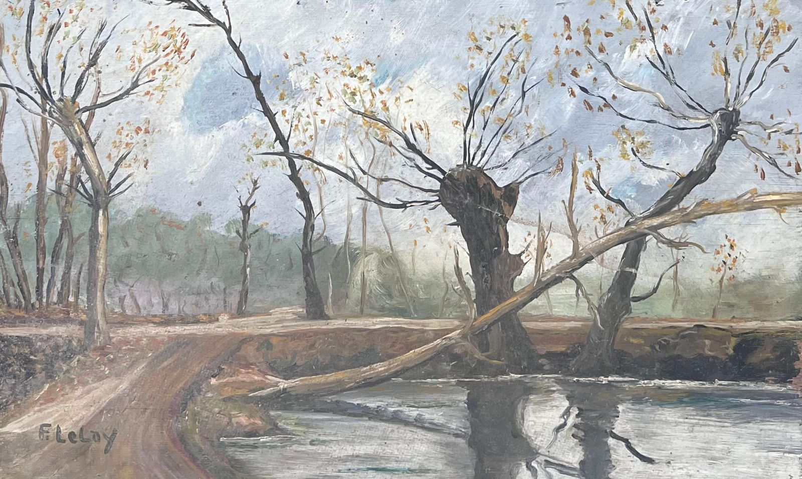 Fanch Lelfallen Tree Over Winter Village Riverside French Landscape Oil Painting
