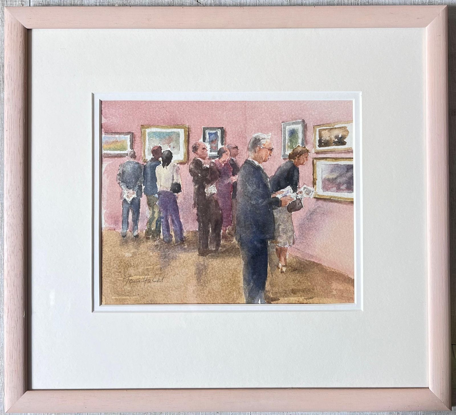 Anthony Herbertfigures Viewing The Gallery Exhibition In A Pink Interior British Watercolour