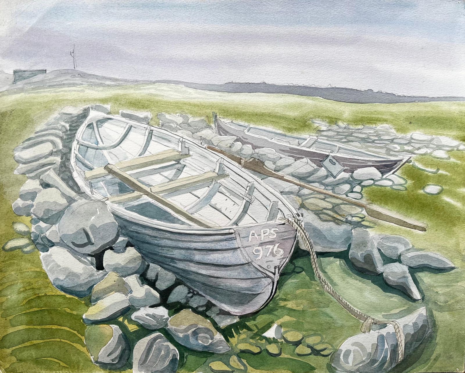 John Steane (B.1931)rowing Boats On Rocky Shore With Grass And Distant Hills By John Steane