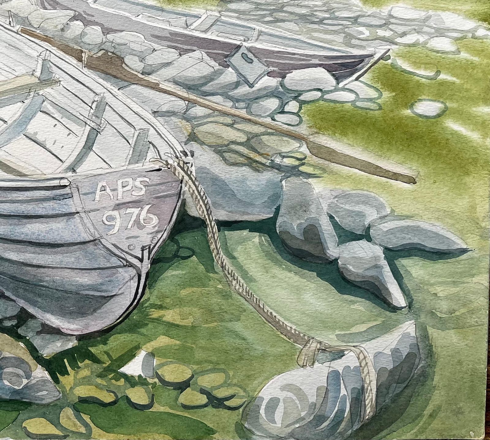 John Steane (B.1931)rowing Boats On Rocky Shore With Grass And Distant Hills By John Steane photo for sale